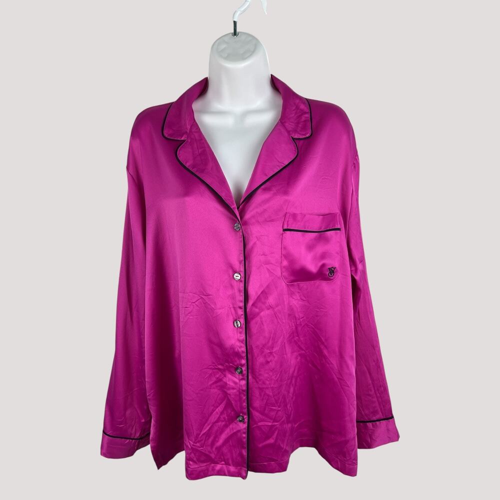 Victoria’s Secret Satin Pajama Top Large Pink‎ Black Trim Button Down 2023